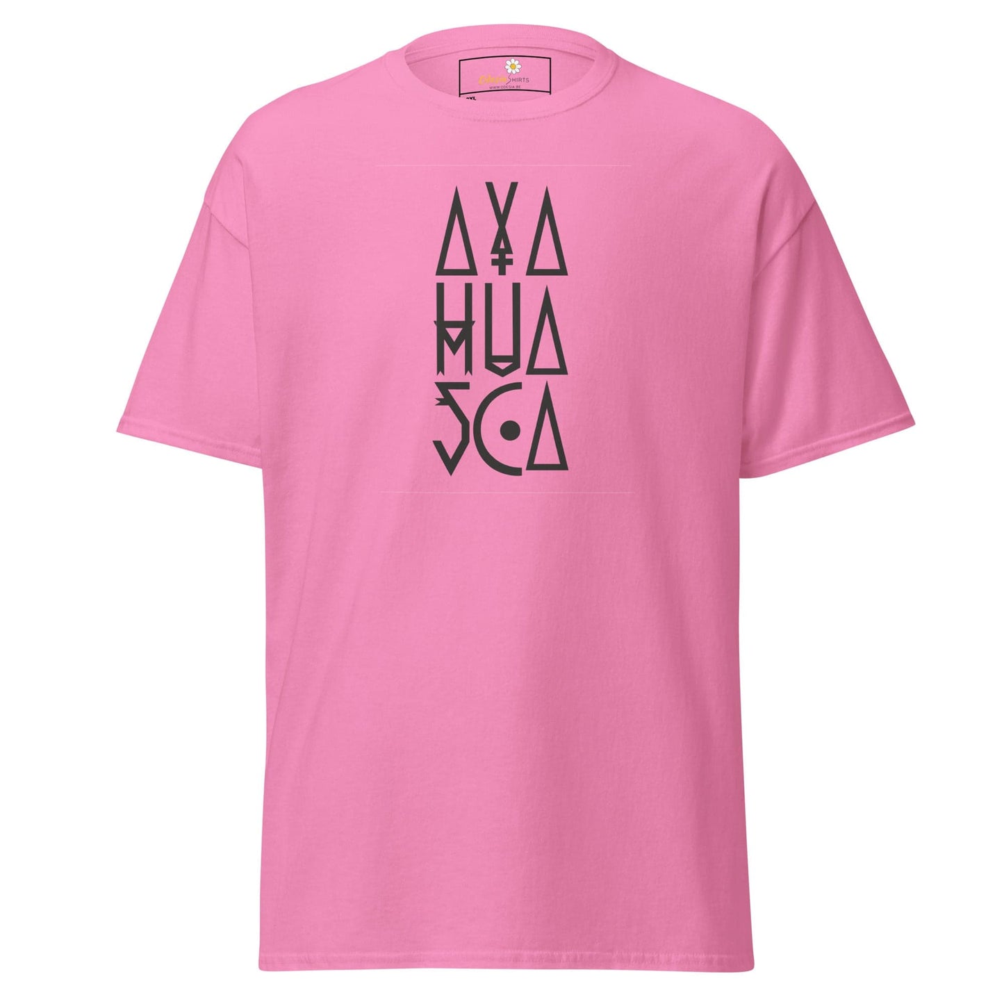 Pink t-shirt with geometric design.