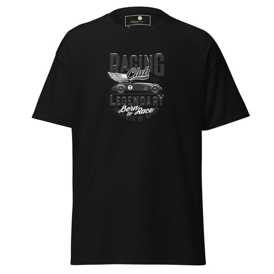Black t-shirt with racing car graphic.