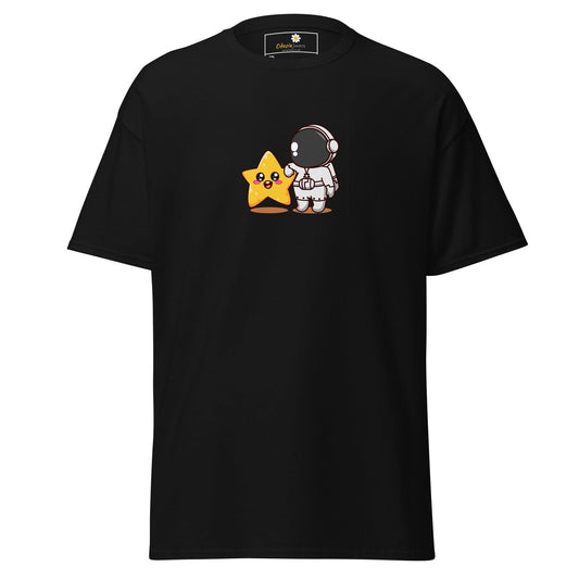 Black t-shirt with cartoon astronaut and star.