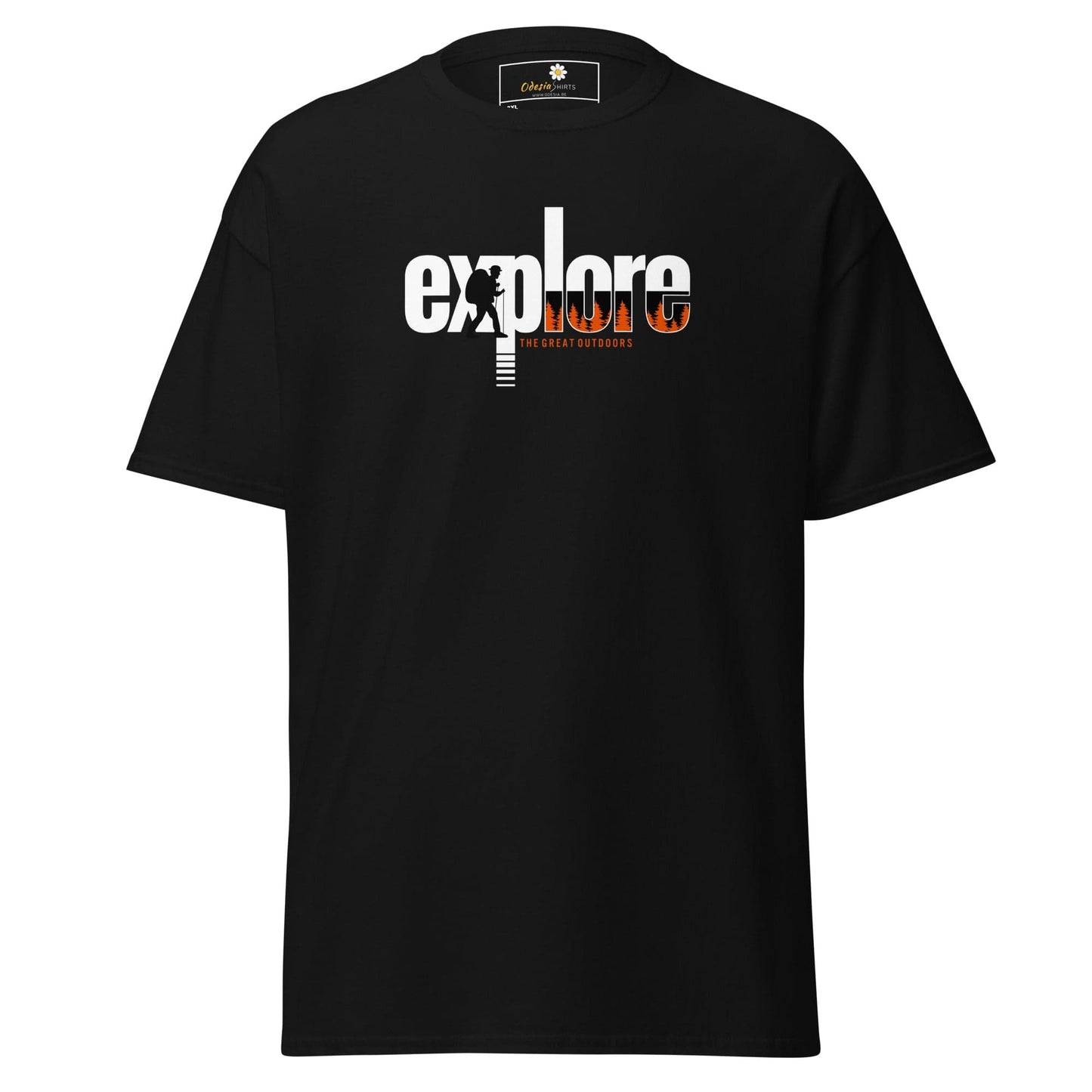 Black t-shirt with ’explore’ graphic.