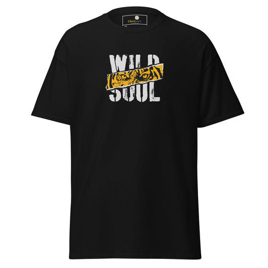 Black t-shirt with ’Wild Soul’ graphic.