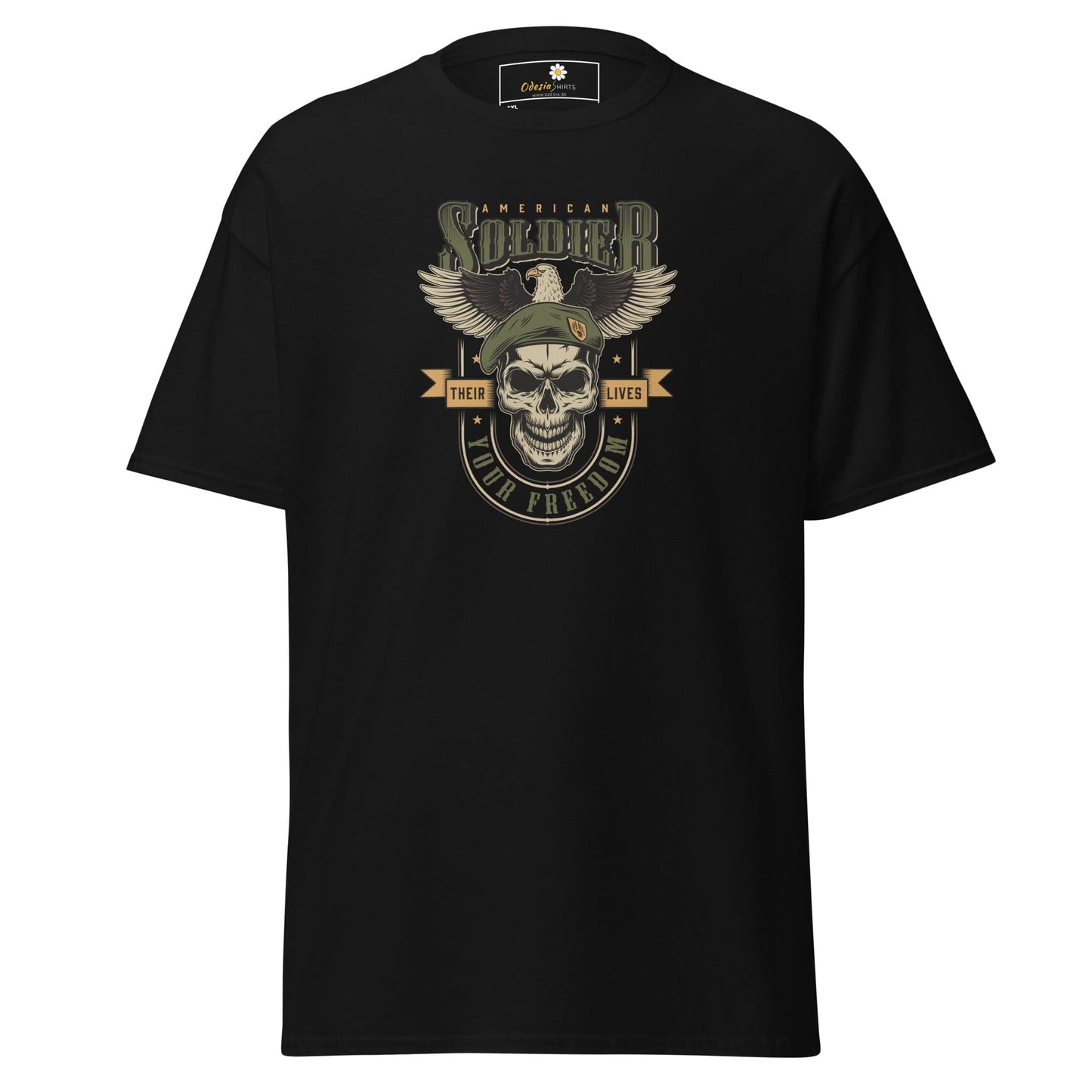 Black T-shirt with soldier skull graphic for men and women in 2XL to 5XL sizes