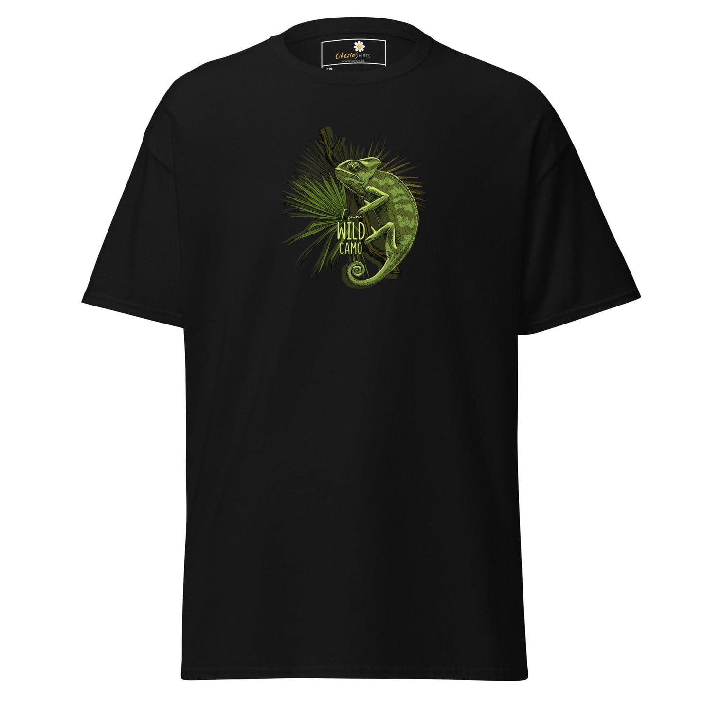 Black t-shirt with chameleon graphic.