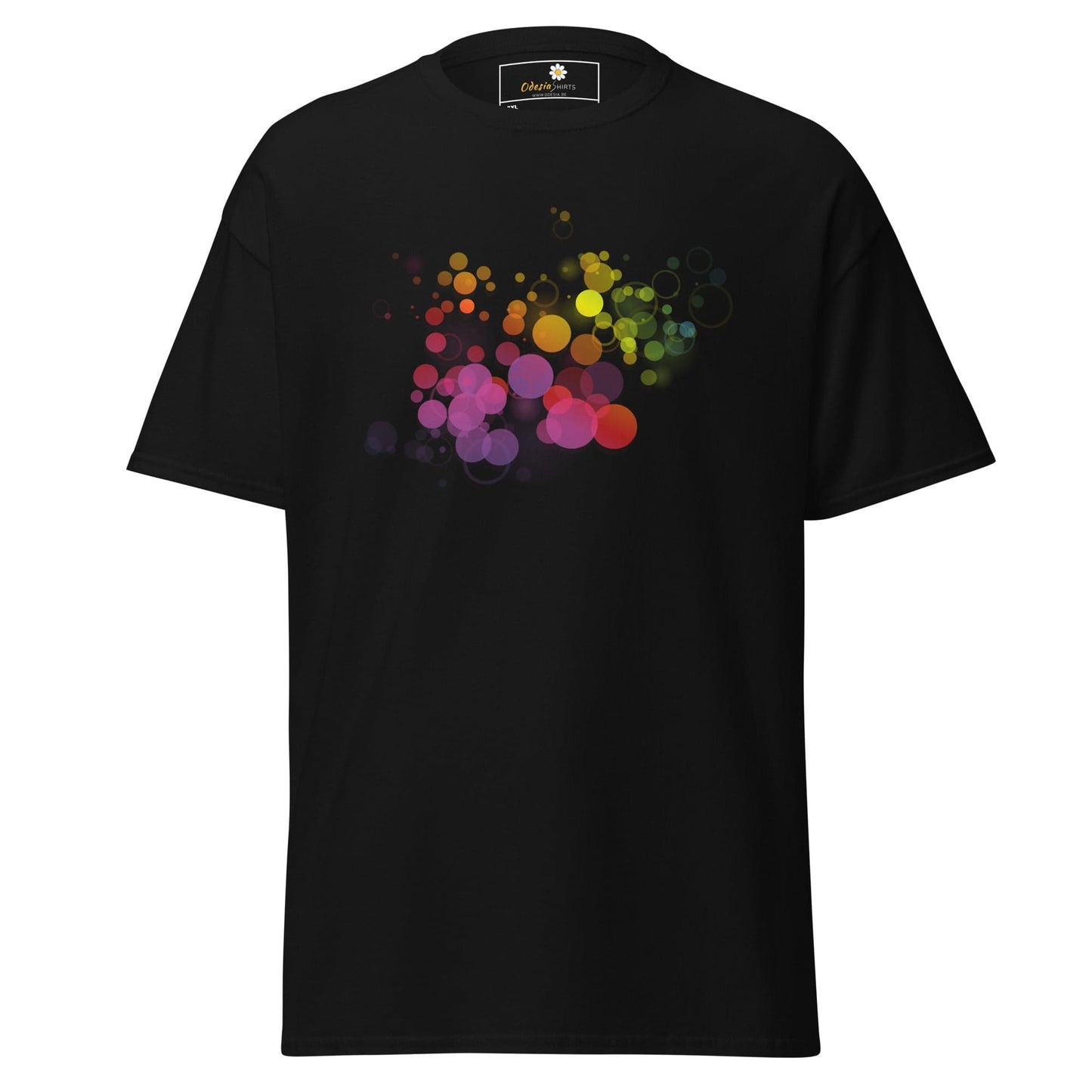 Black T-shirt with colorful bubble design for men and women in sizes 2XL to 5XL