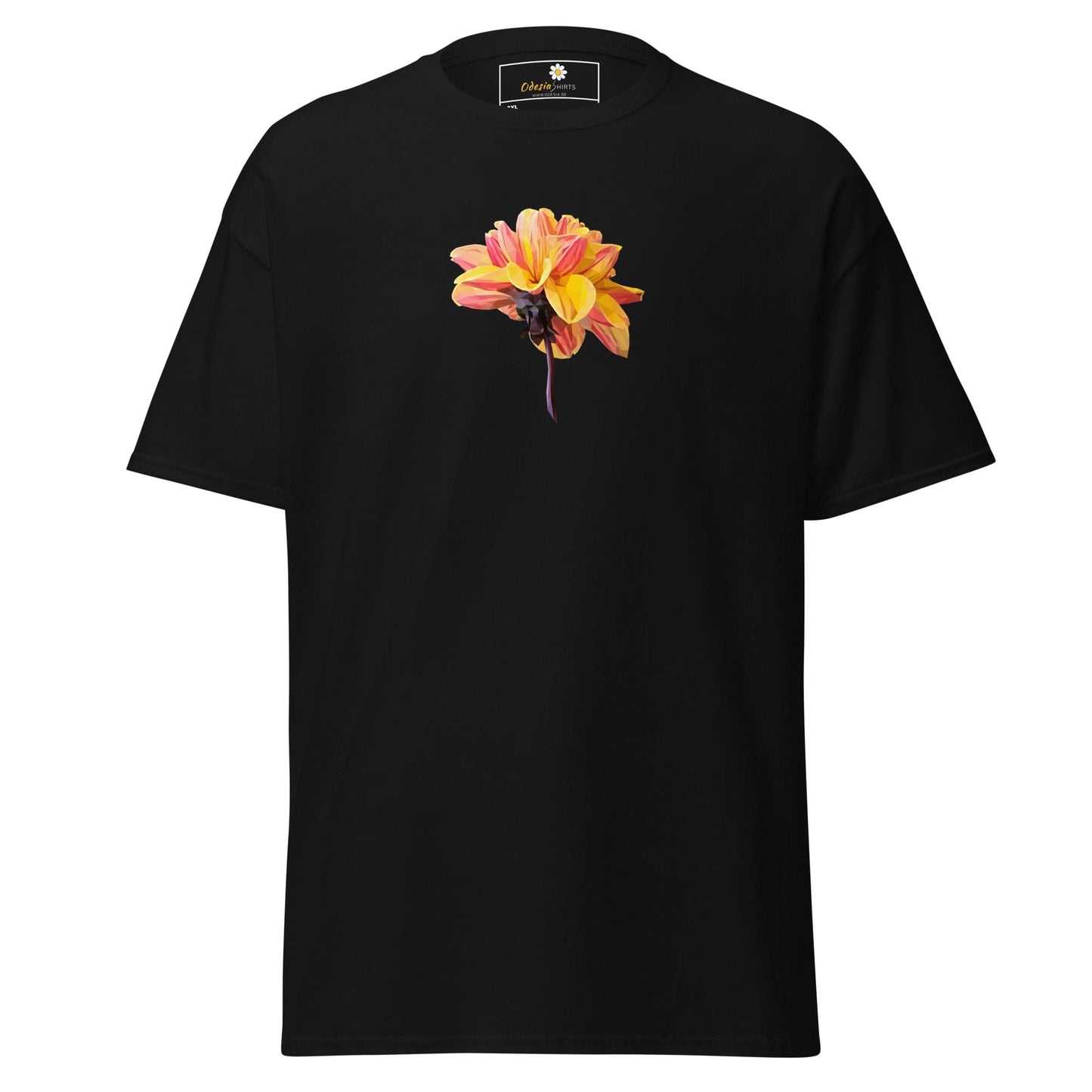 Black t-shirt with flower graphic.