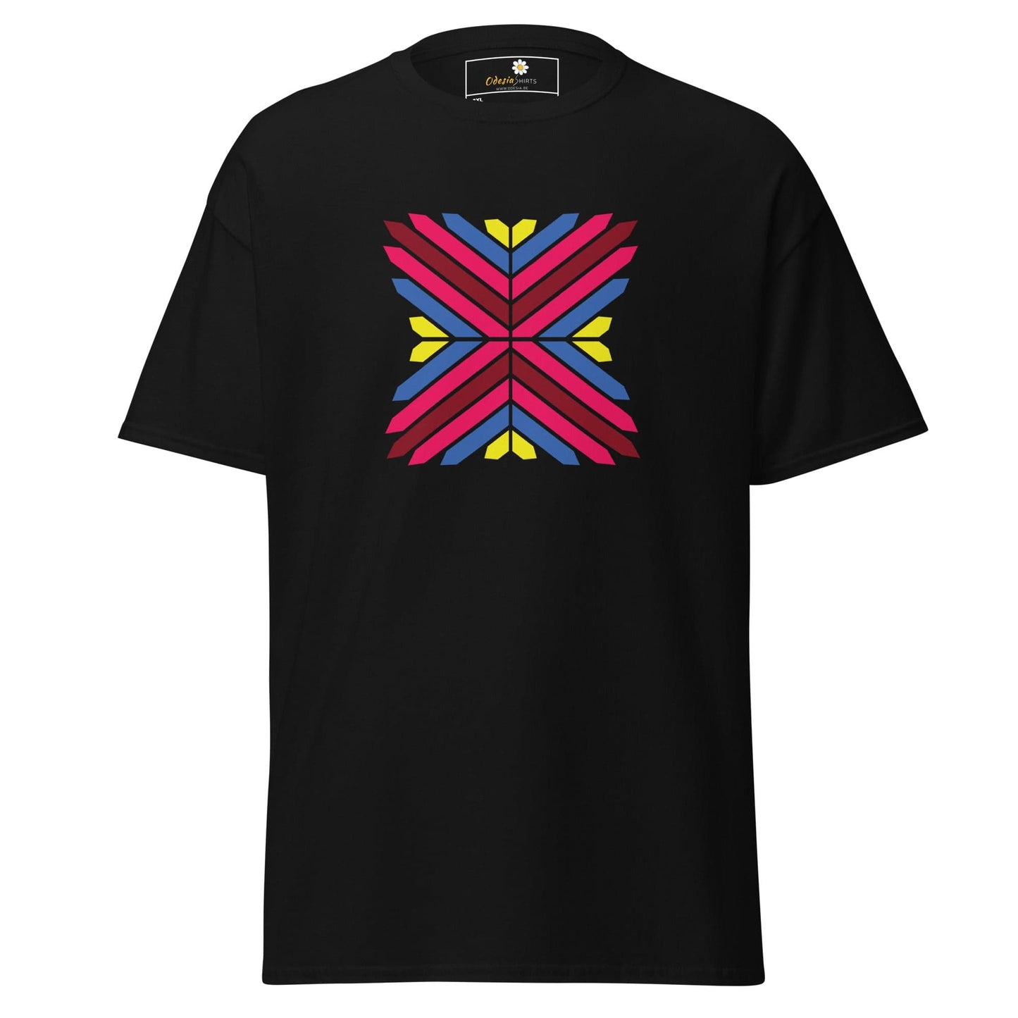 Black T-shirt with colorful geometric design for Men and Women, available in sizes 2XL to 5XL