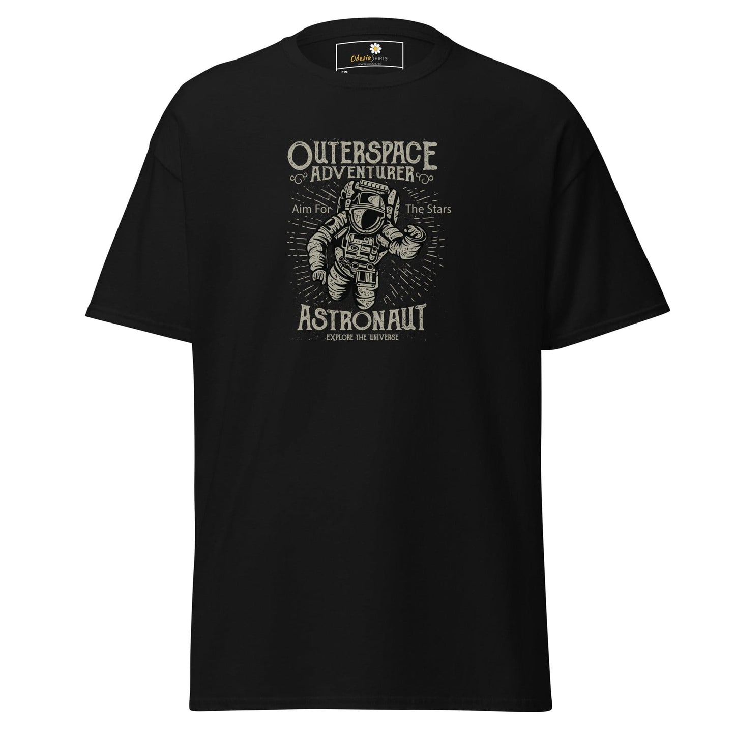 Black t-shirt with astronaut graphic.