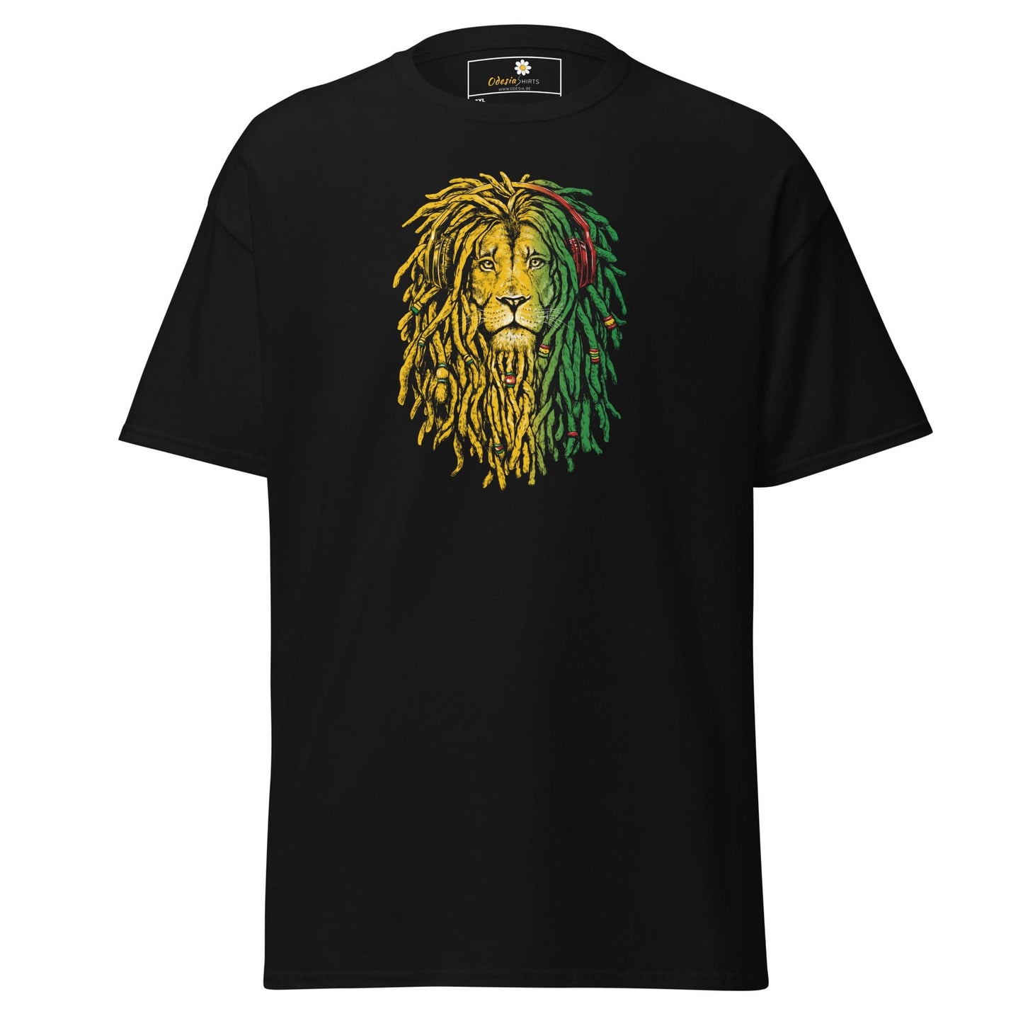 Black t-shirt with lion graphic.