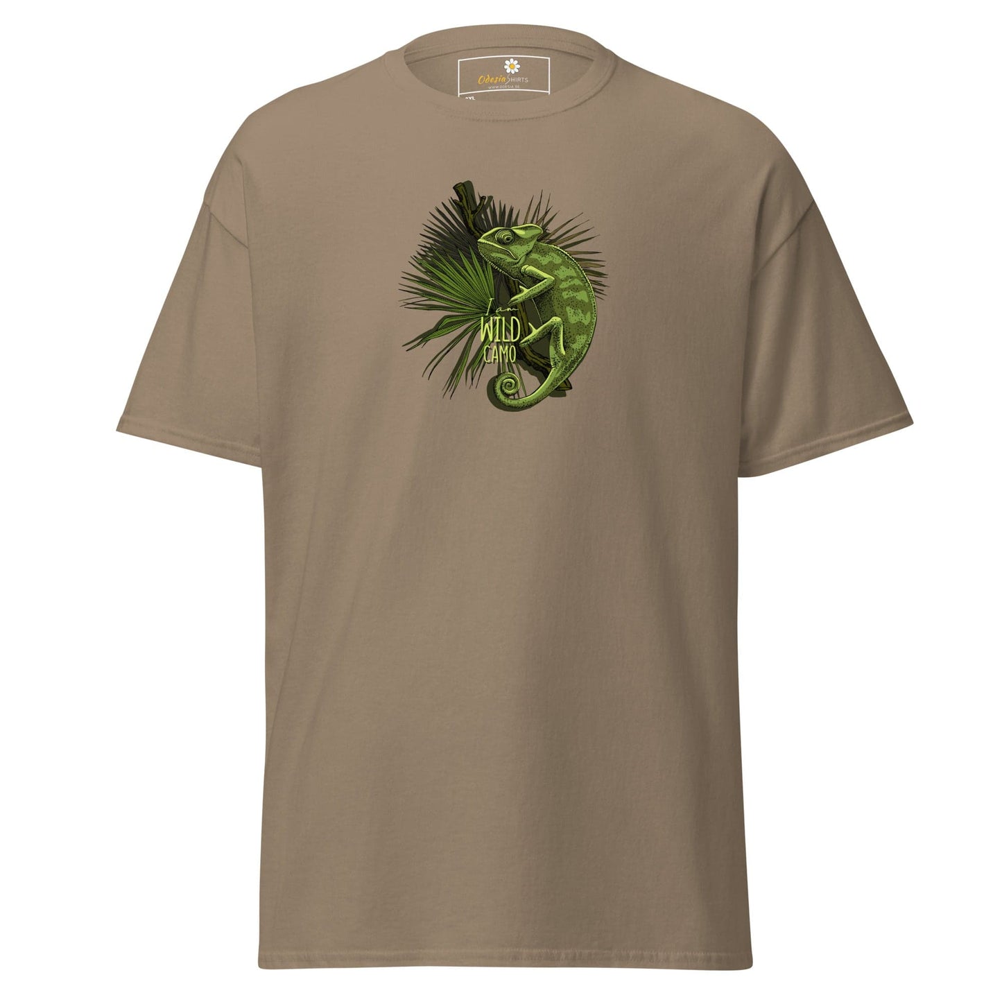 Khaki t-shirt with chameleon graphic.