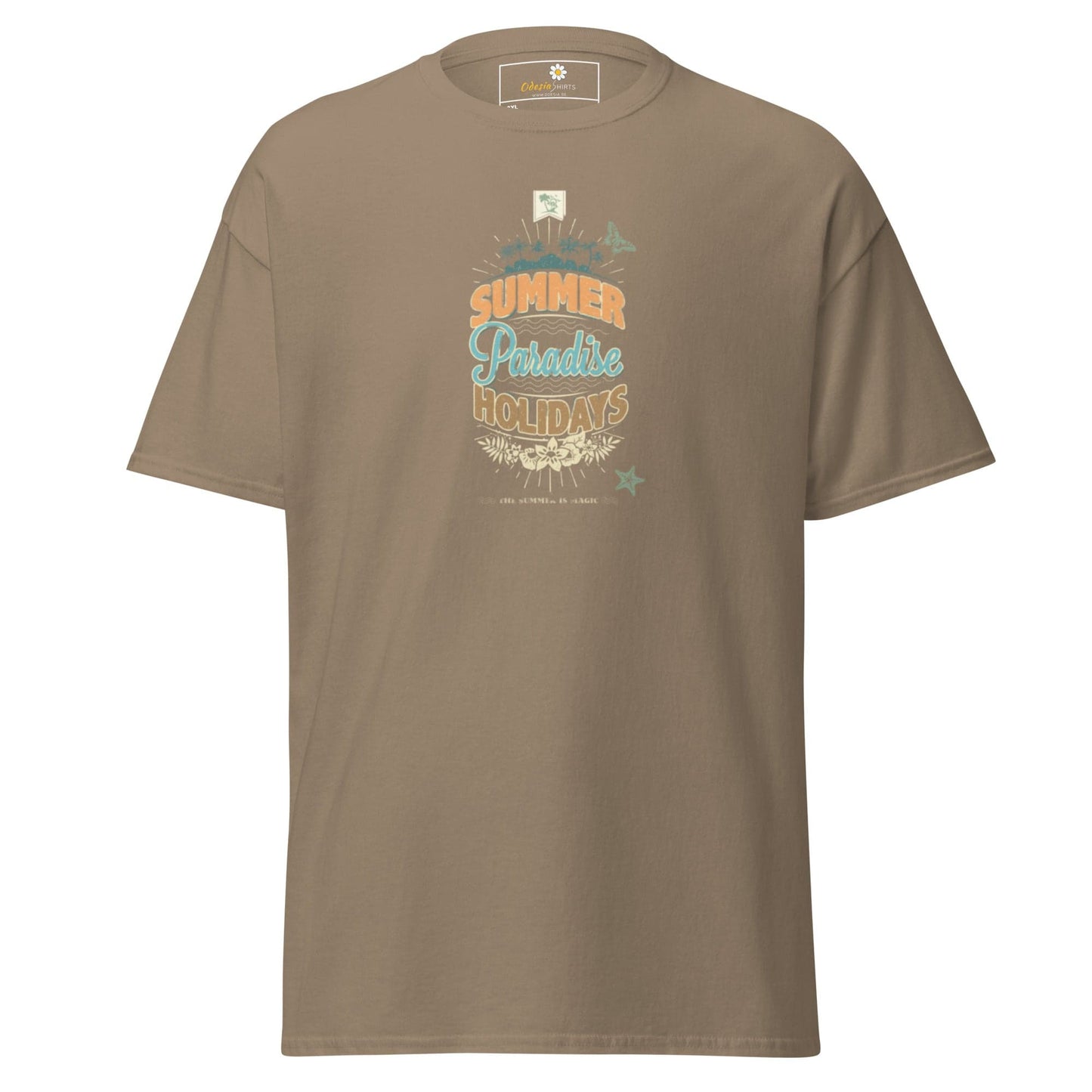 Khaki t-shirt with summer-themed graphic.