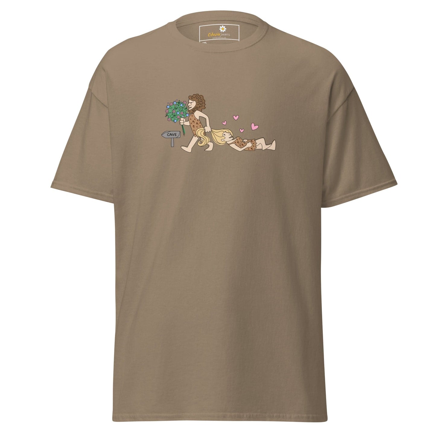 Khaki T-shirt with cartoon graphic for men and women in 2XL to 5XL sizes