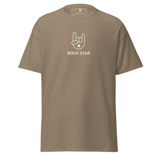 Khaki t-shirt with ’Rock Star’ graphic.