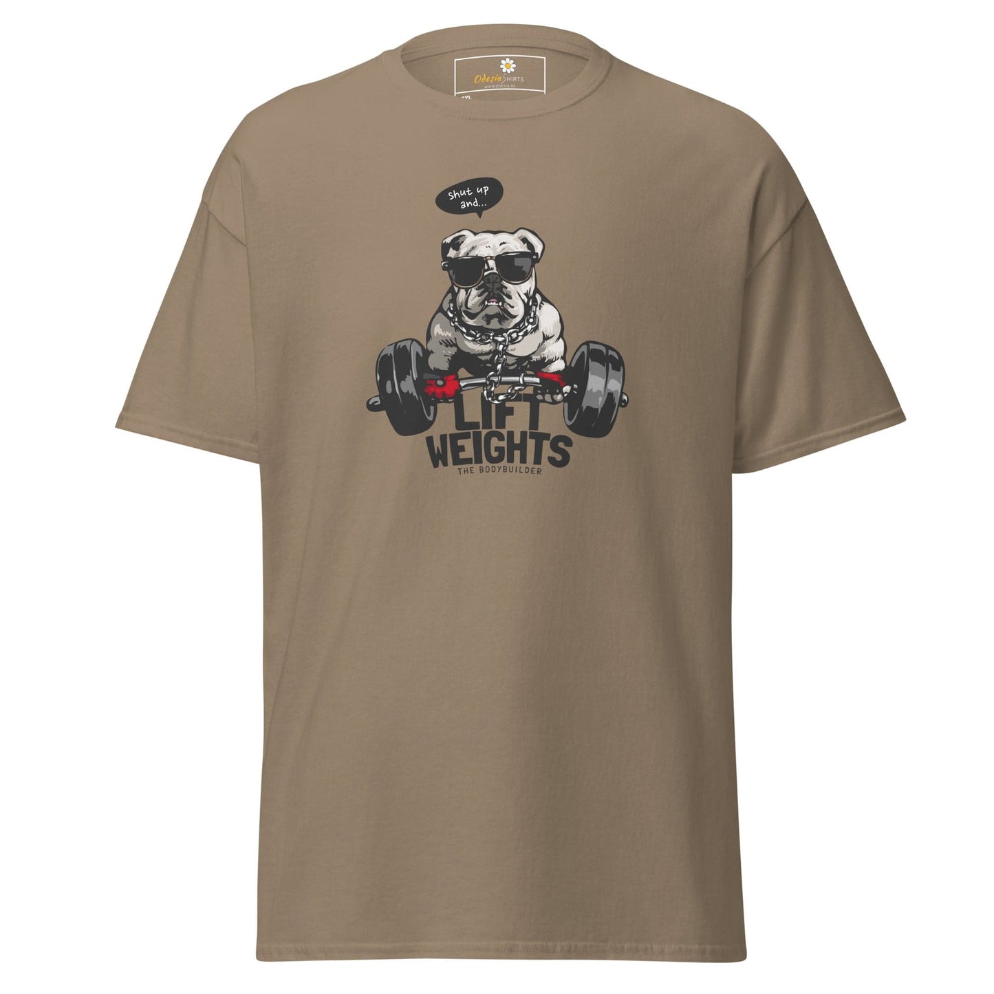 Khaki t-shirt with bulldog weightlifter graphic.