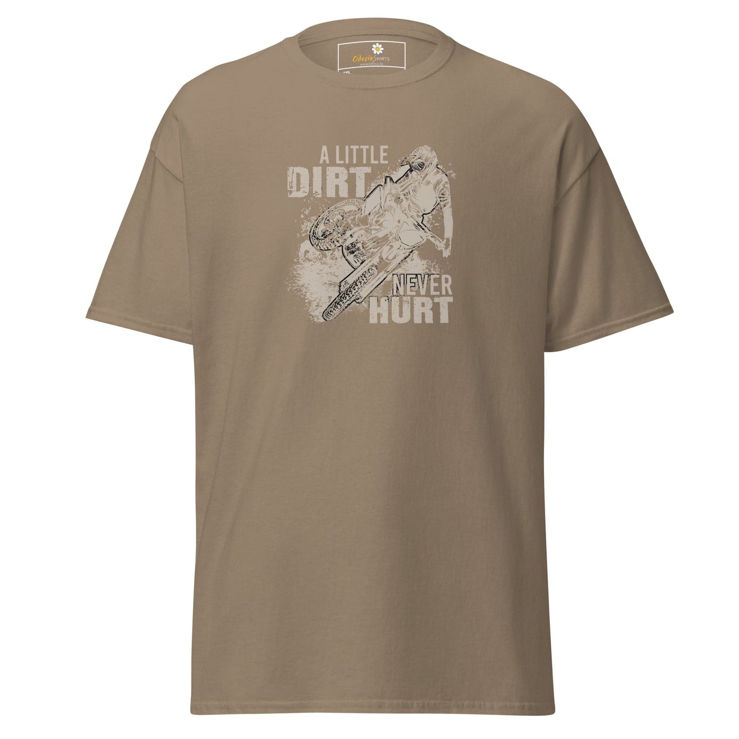Khaki t-shirt with motorcycle graphic.