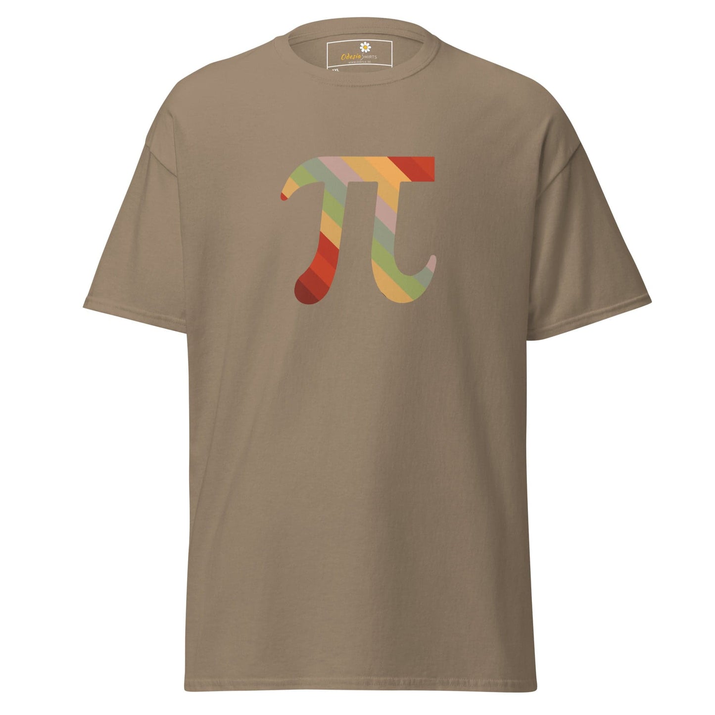 Khaki T-shirt with colorful Pi symbol design for Men and Women in 2XL to 5XL sizes
