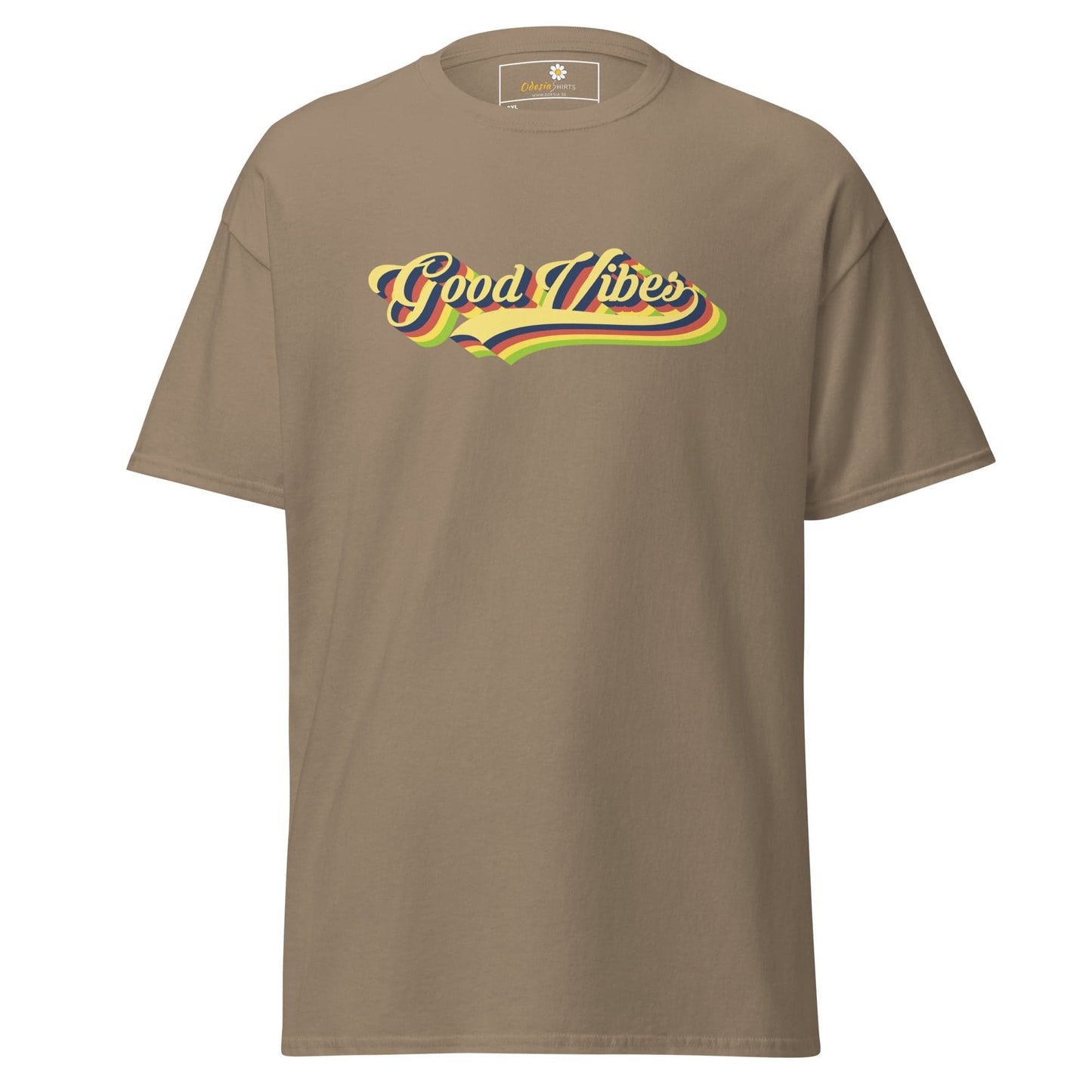 Khaki t-shirt with ’Good Vibes’ text.