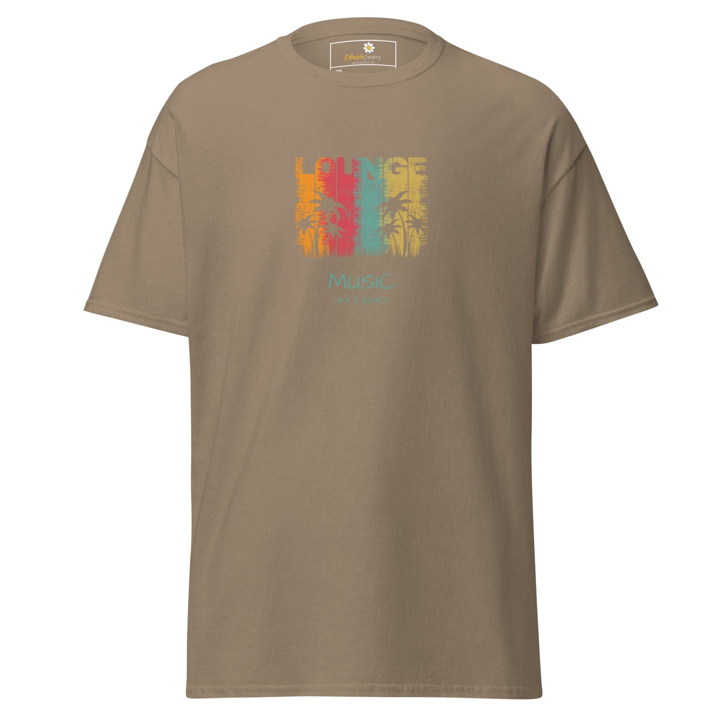 Khaki T-shirt with palm tree graphic for men and women in sizes 2XL to 5XL