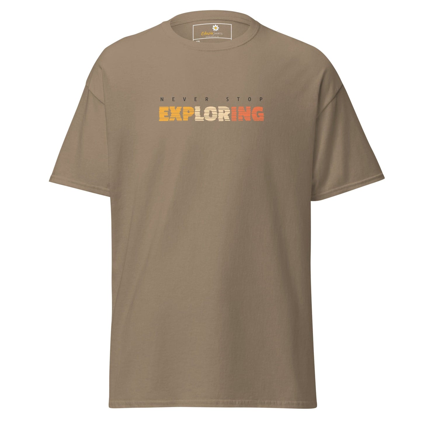 Khaki T-shirt with Never Stop Exploring text perfect for men and women sizes 2XL to 5XL