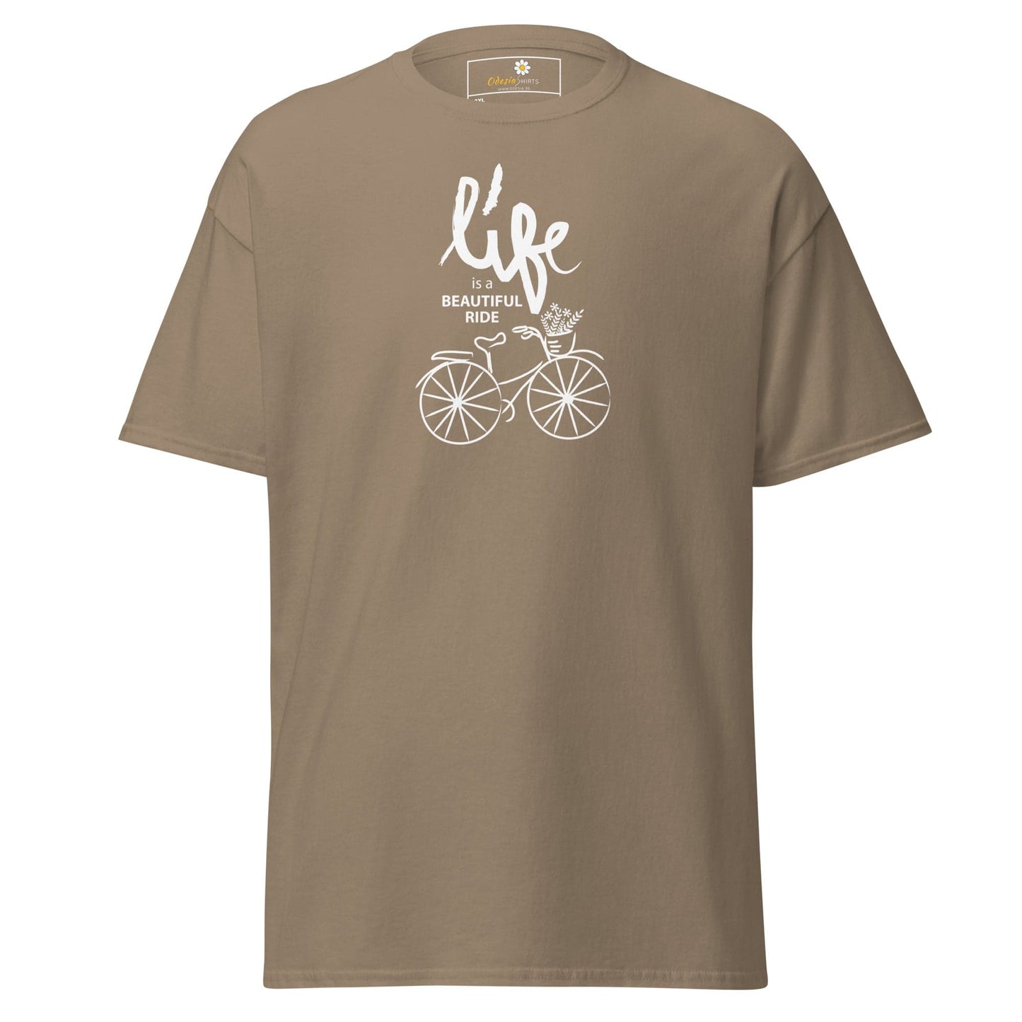 Khaki T-Shirt with Bicycle Graphic for Men and Women in sizes 2XL to 5XL