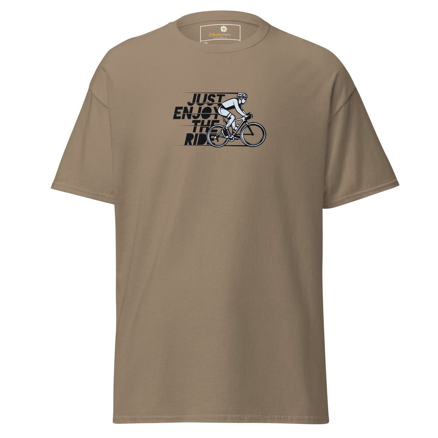 Khaki T-shirt featuring a cyclist graphic for men and women in size 2XL to 5XL