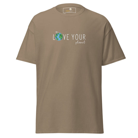 Khaki t-shirt with ’Love Your Planet’ design.