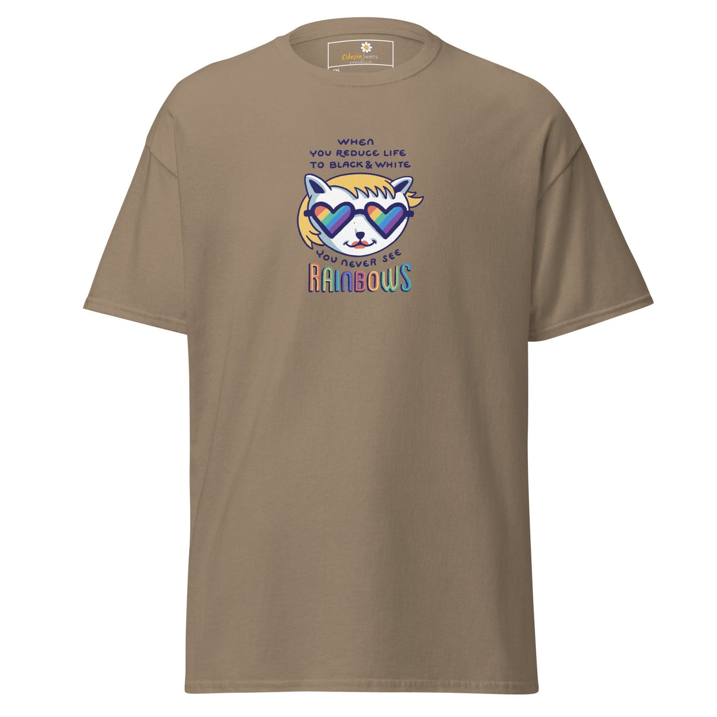 Khaki T-shirt with cartoon cat graphic in men’s and women’s 2XL to 5XL sizes