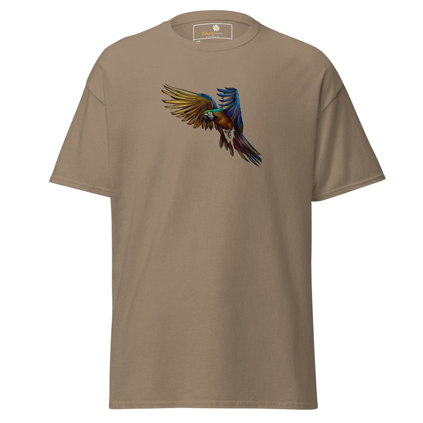 Khaki T-shirt with colorful parrot graphic for men and women in 2XL to 5XL sizes