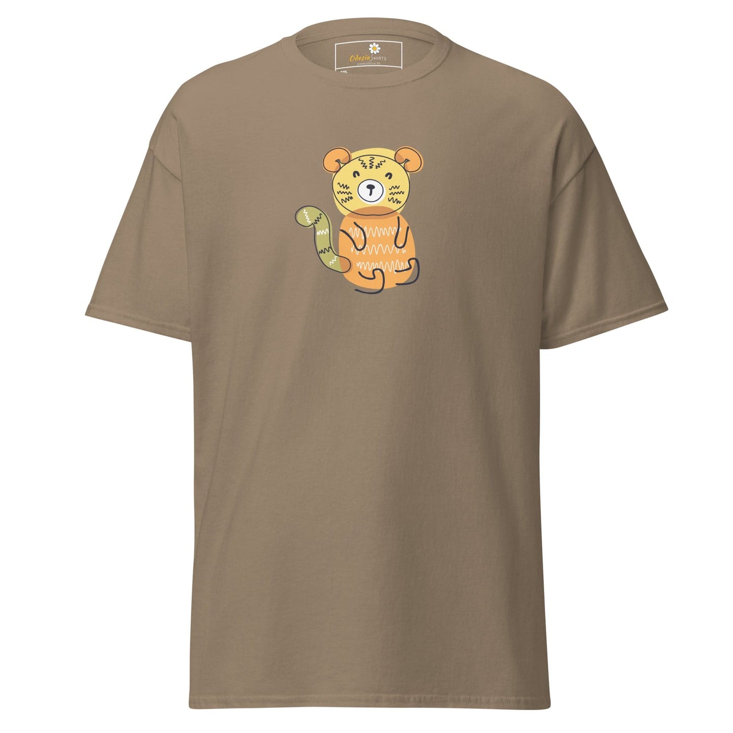 Khaki T-shirt with cartoon tiger design for men and women in 2XL to 5XL sizes
