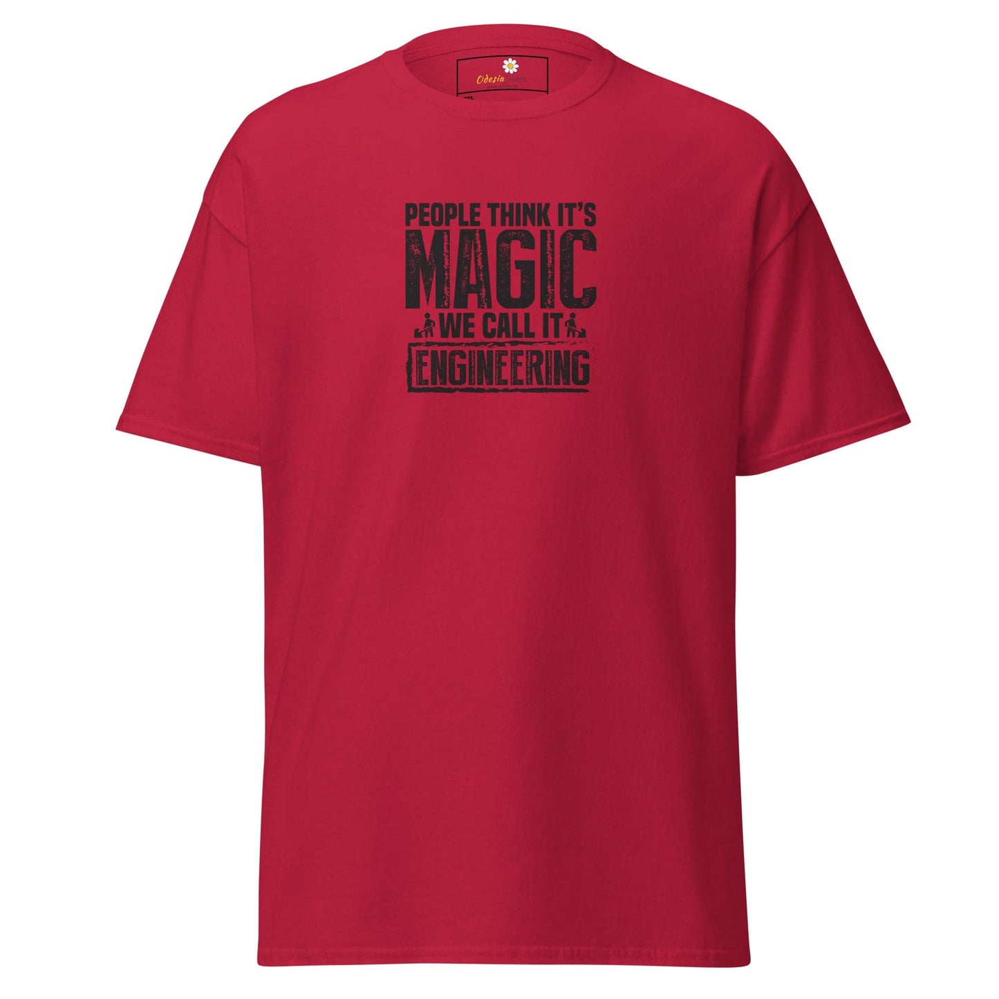 Red t-shirt with engineering slogan.