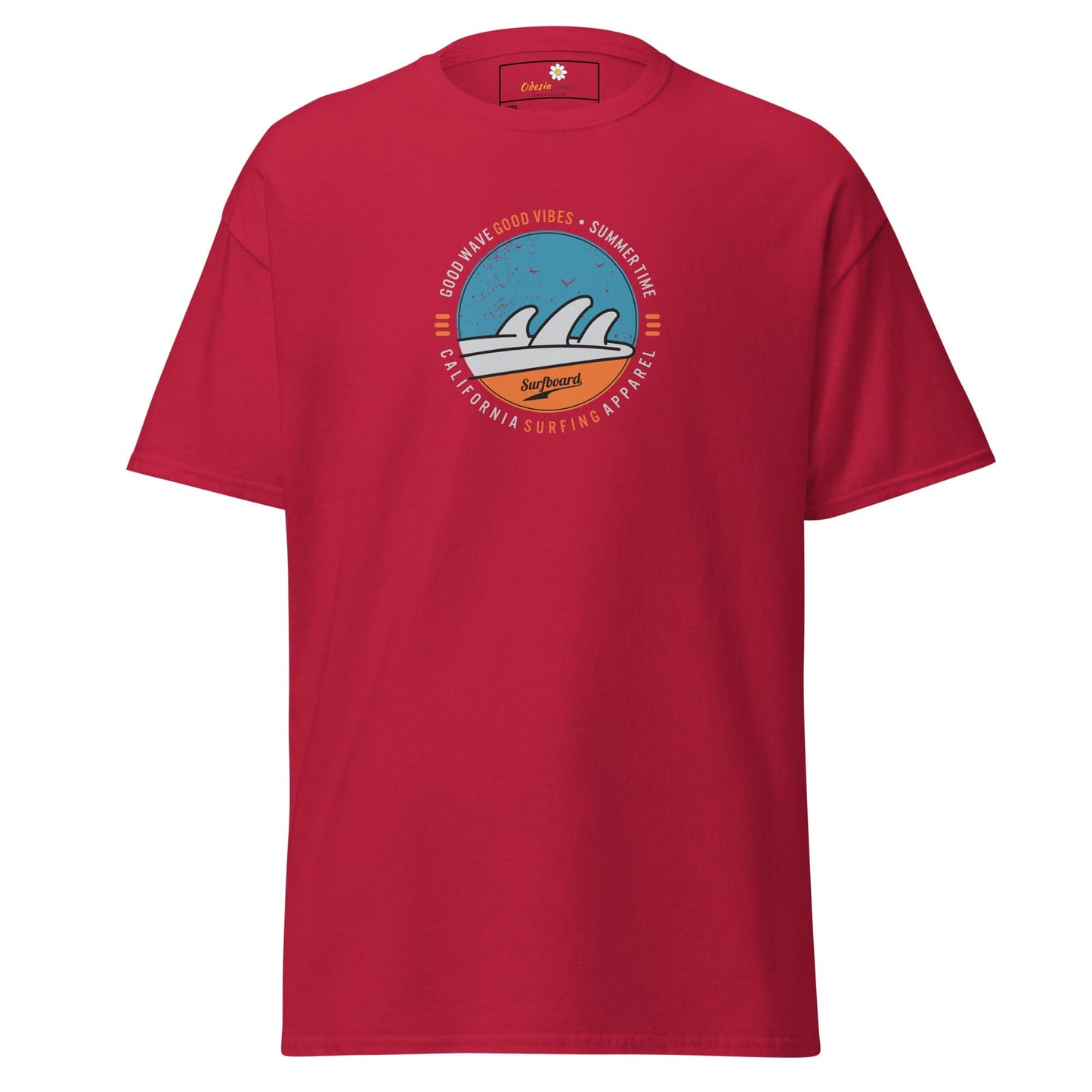 Red t-shirt with surf-themed graphic.