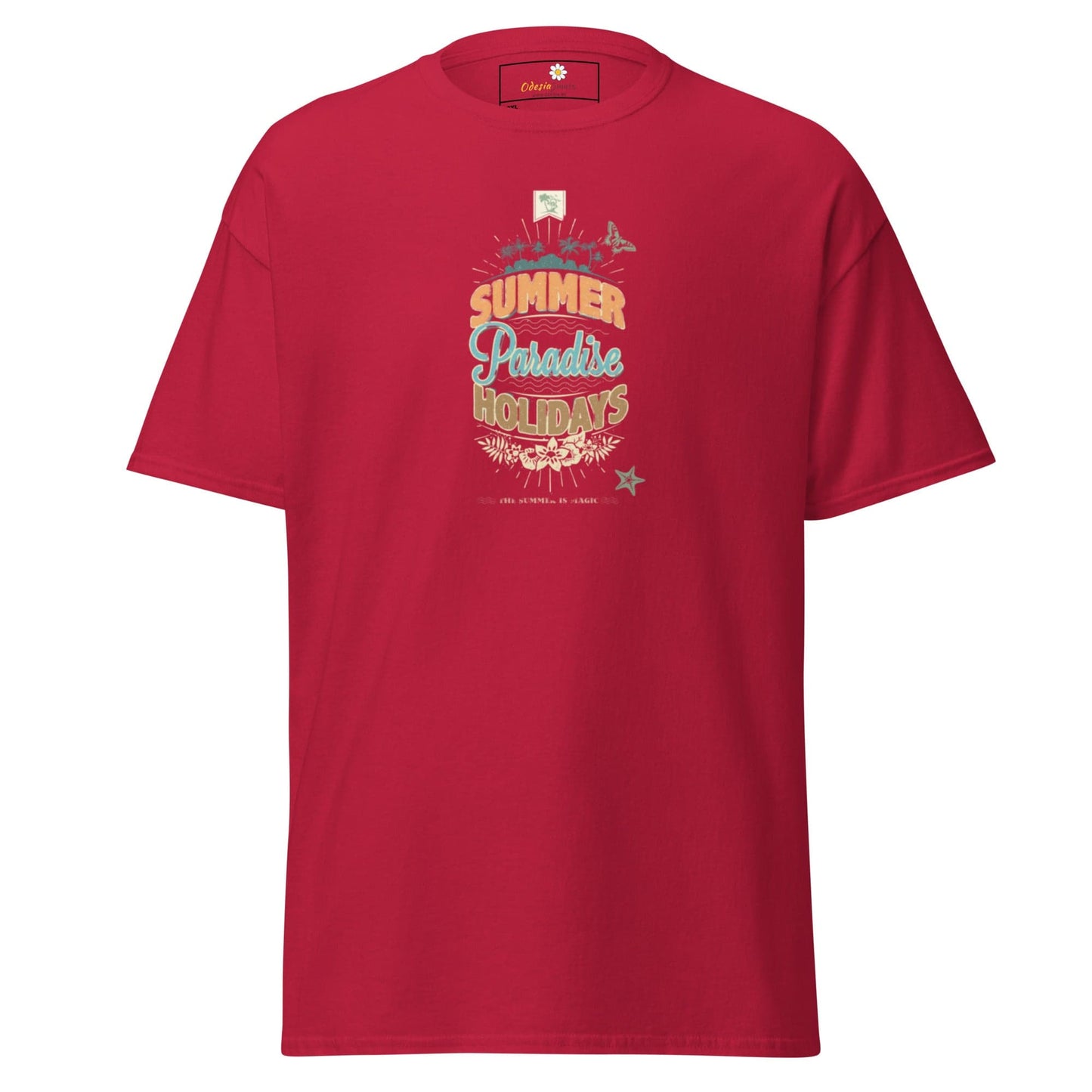 Red t-shirt with summer-themed graphic.