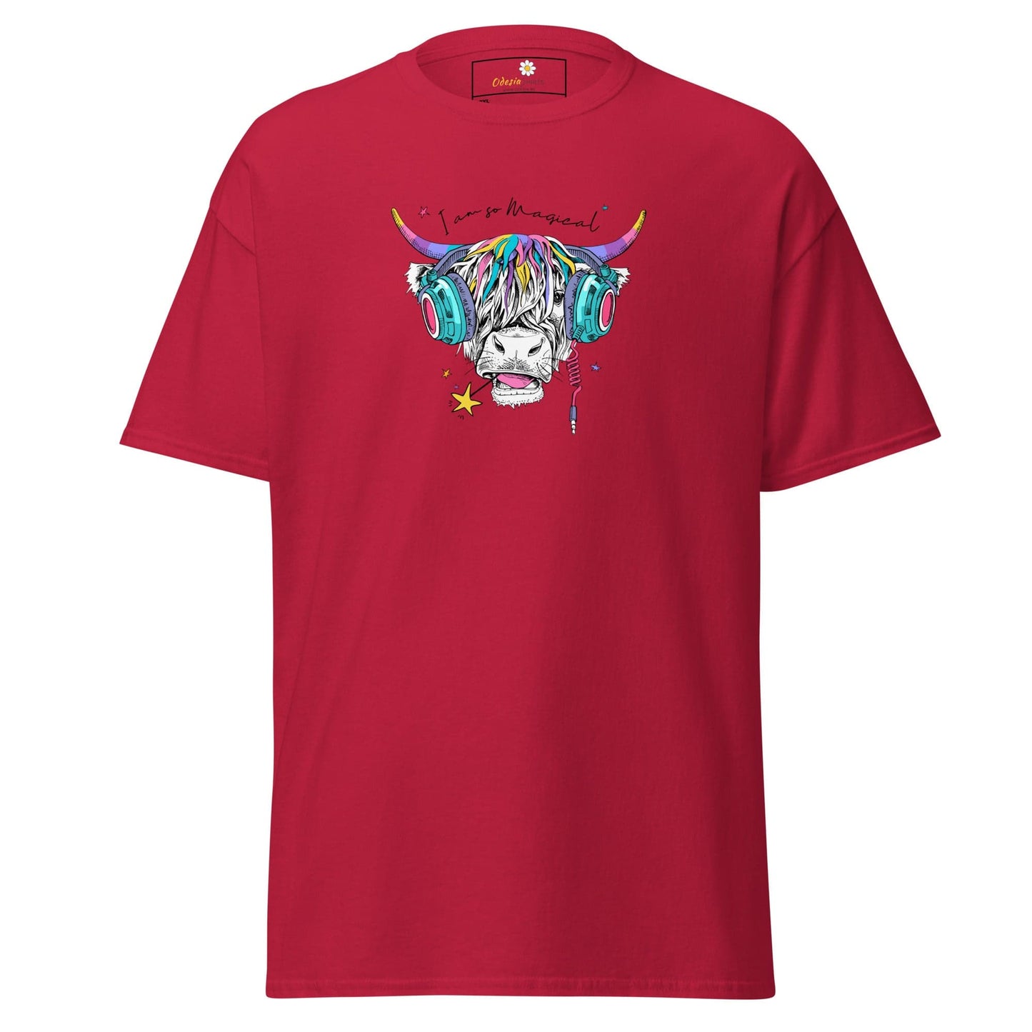 Red t-shirt with cow graphic.