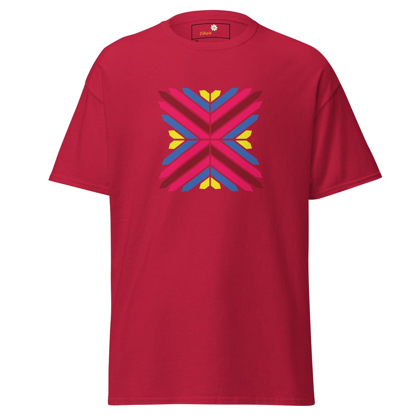 Red T-shirt with colorful geometric design for Men and Women in sizes 2XL to 5XL