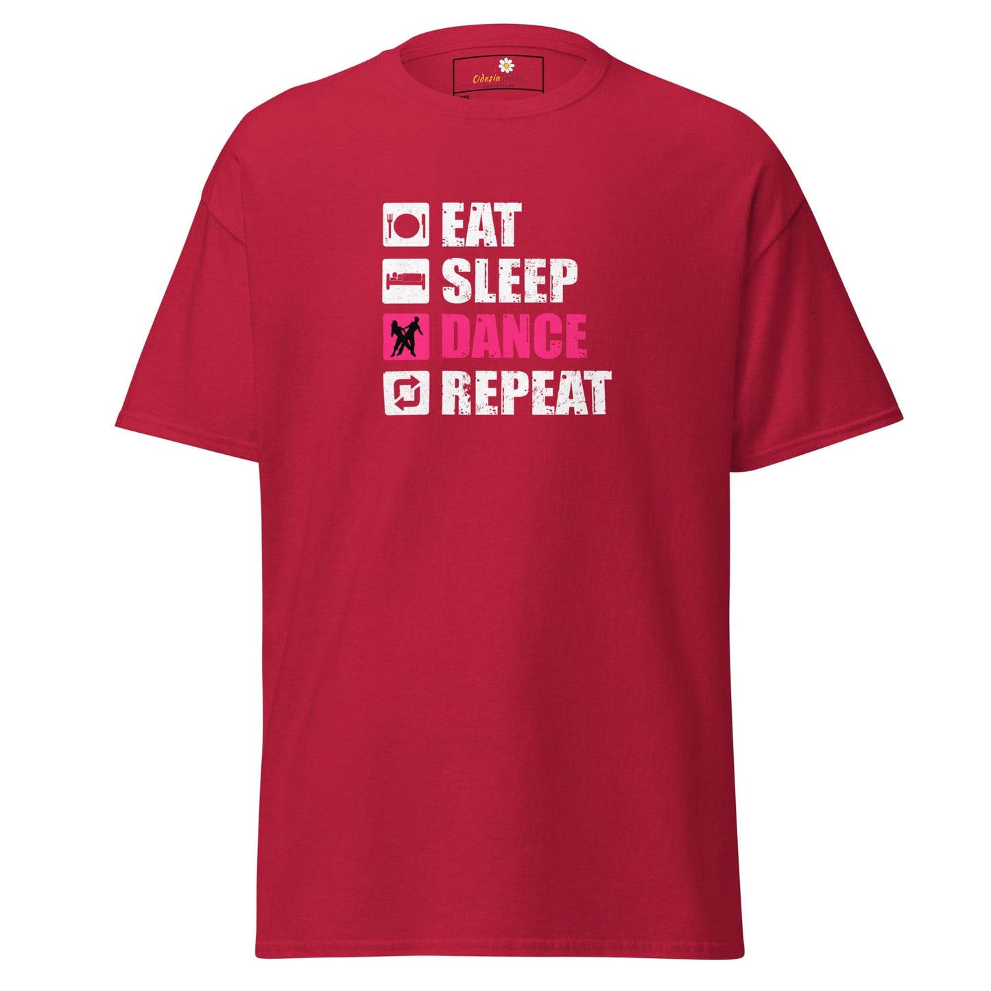 Red t-shirt with ’Eat Sleep Dance Repeat’ graphic.