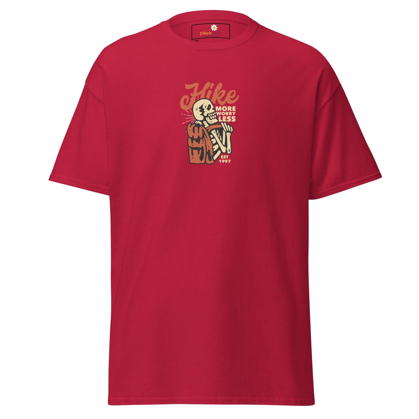 Red t-shirt with skeleton hiker graphic.