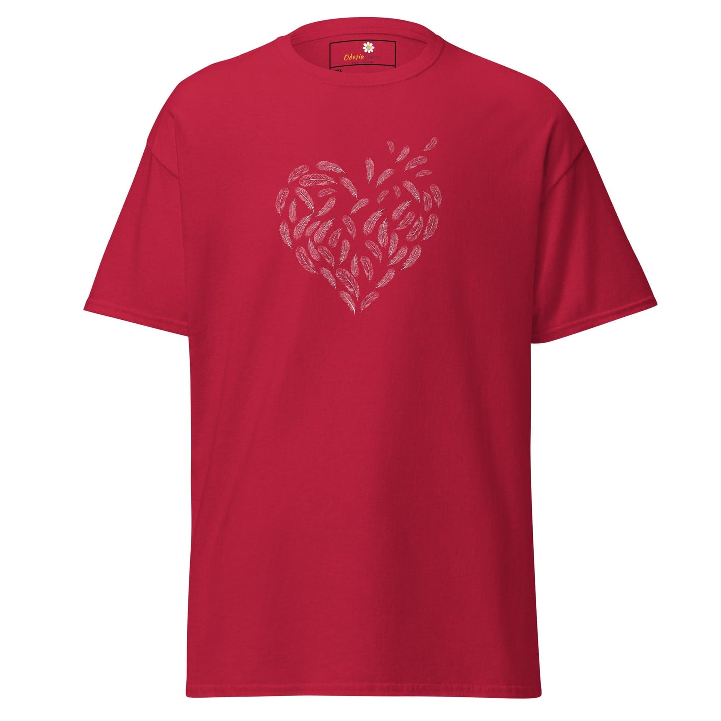 Red T-shirt with feather heart design for Men and Women in sizes 2XL to 5XL