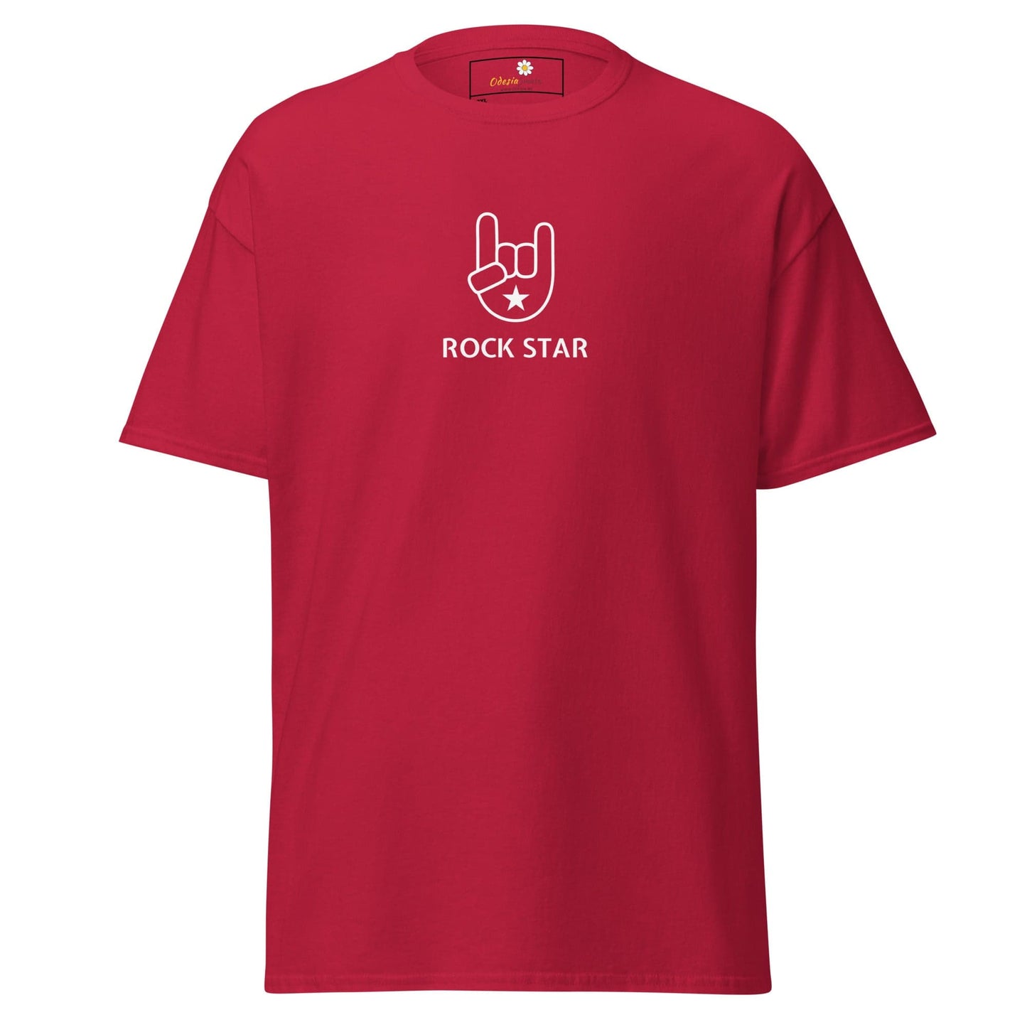 Red t-shirt with ’Rock Star’ graphic.