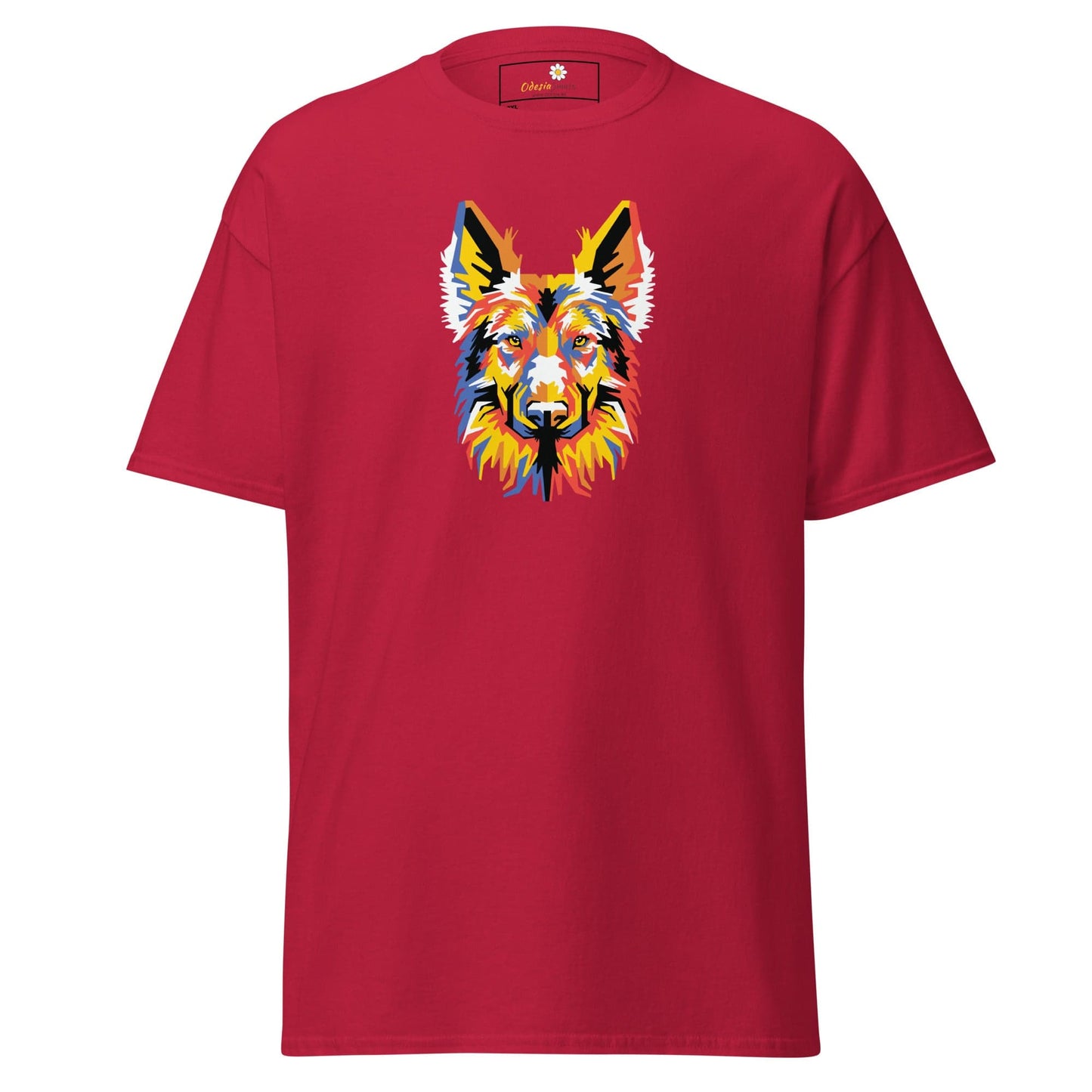 Red T-shirt with colorful dog graphic for Men and Women in 2XL to 5XL sizes