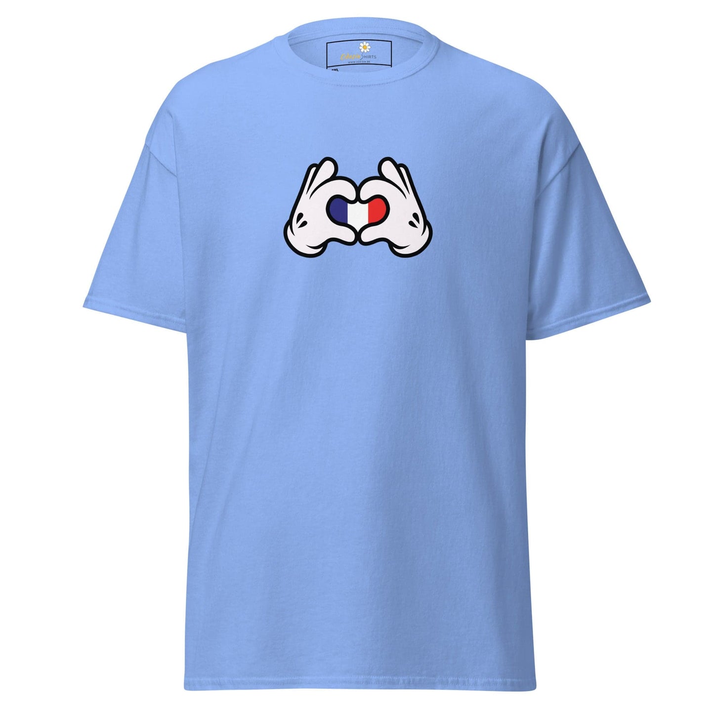 Light blue t-shirt with cartoon hands forming a heart with the French flag.