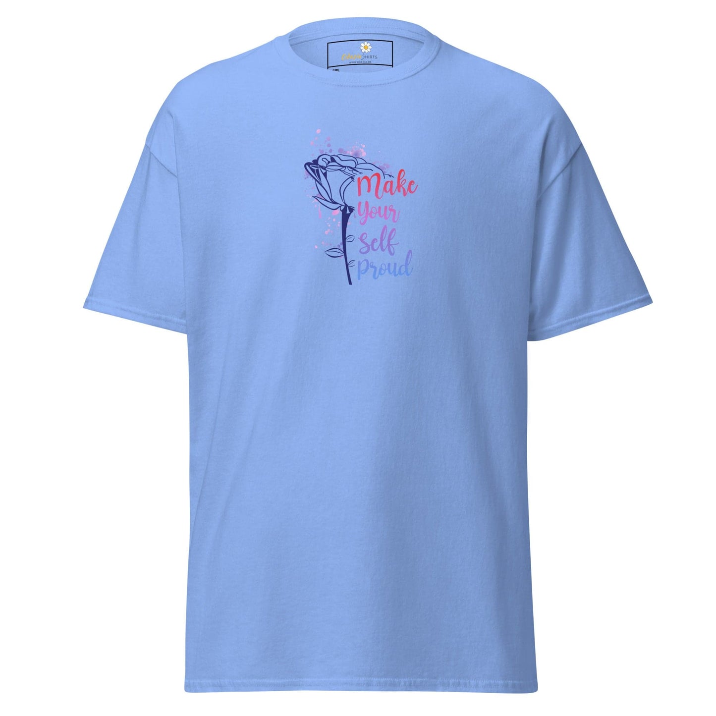 Light blue T-shirt with rose graphic and text from T-SHIRT DESIGN TEE for men and women