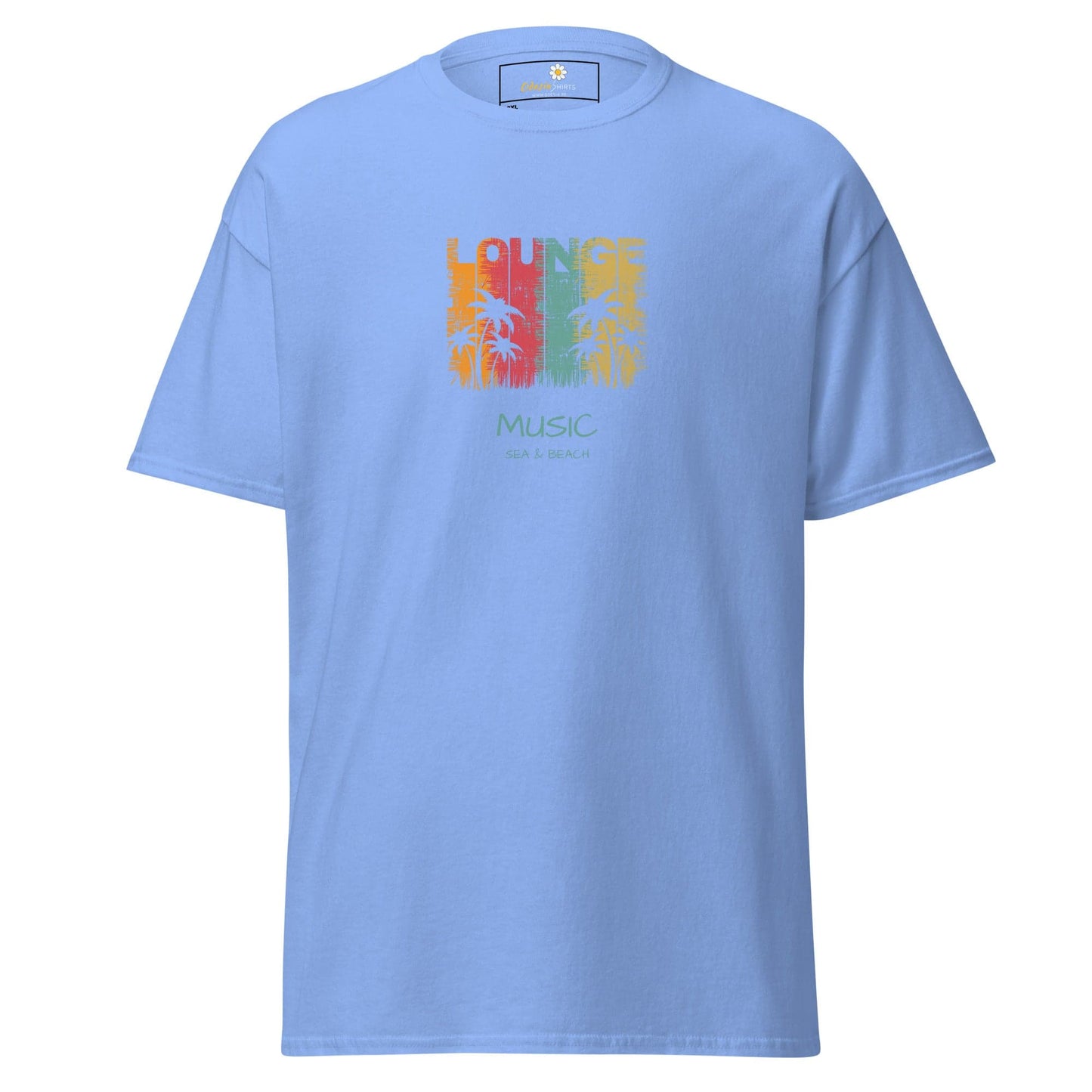 Light blue T-shirt with colorful graphic design for men and women sizes 2XL to 5XL