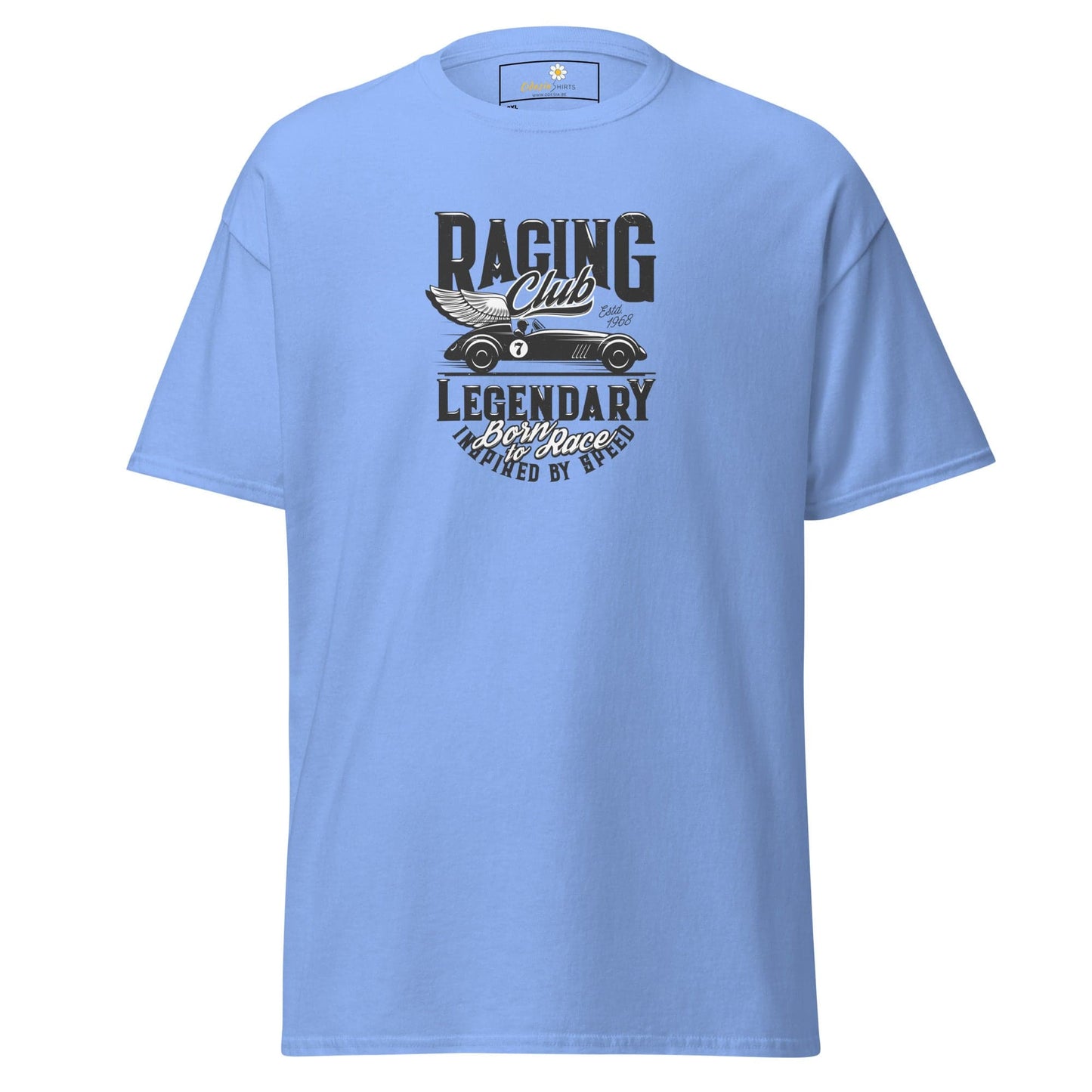 Light blue t-shirt with racing car graphic.