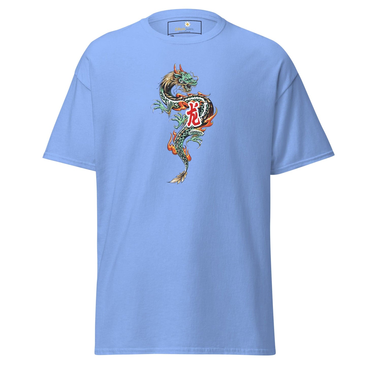 Light blue t-shirt with dragon graphic.