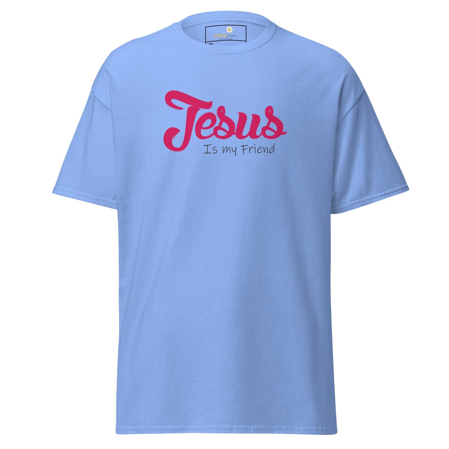 Light blue t-shirt.