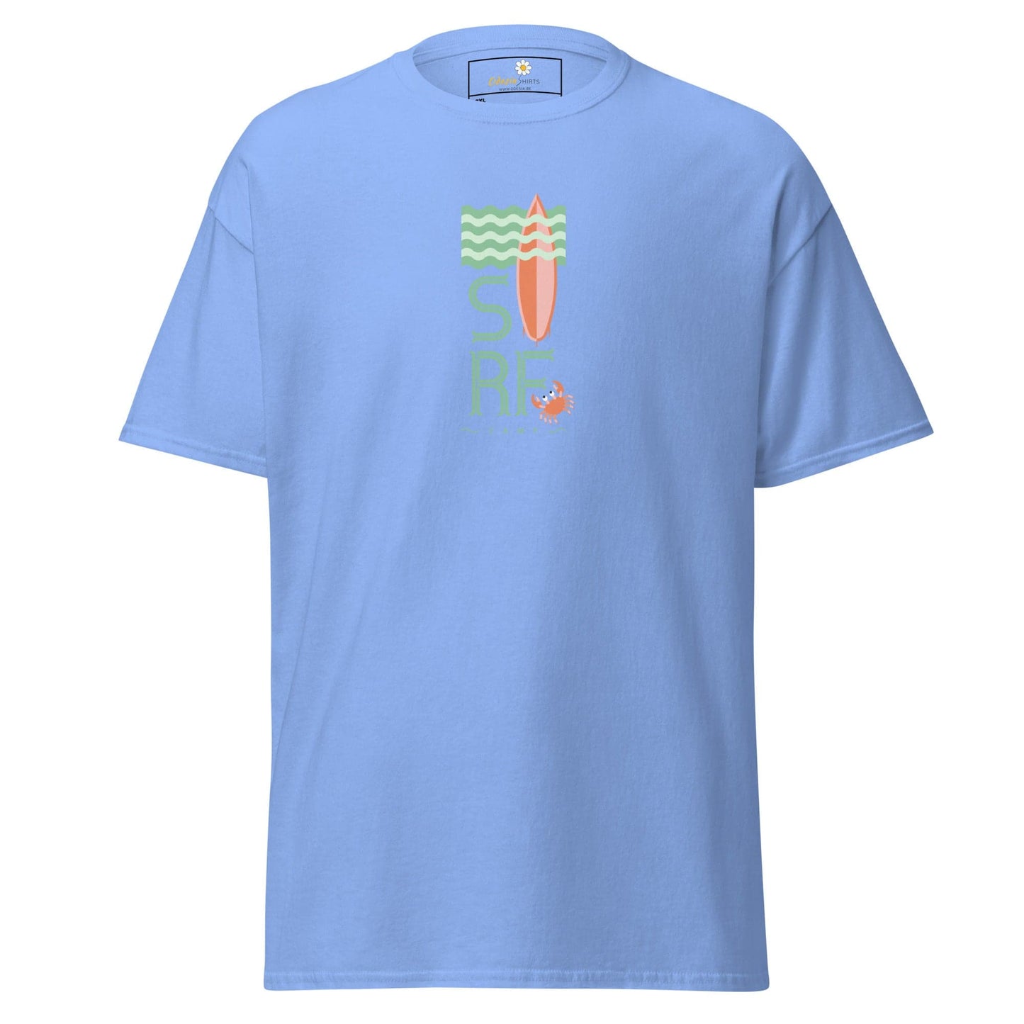 Light blue t-shirt with surfing design.