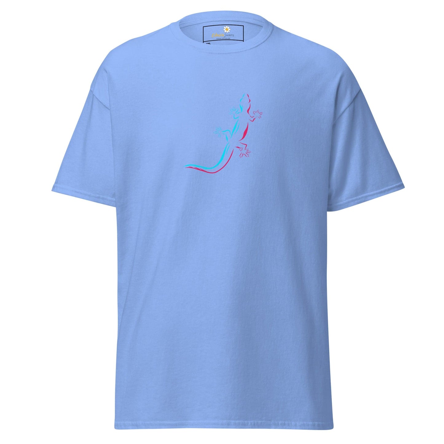 Light blue t-shirt with lizard design.
