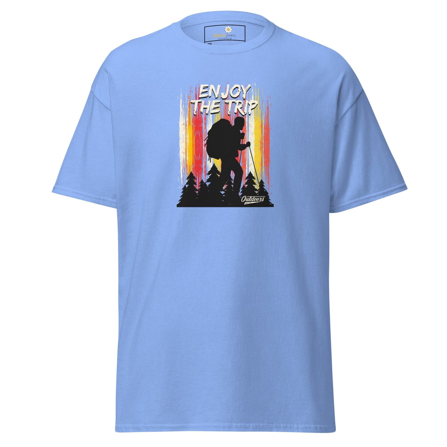 Light blue t-shirt with hiker graphic.