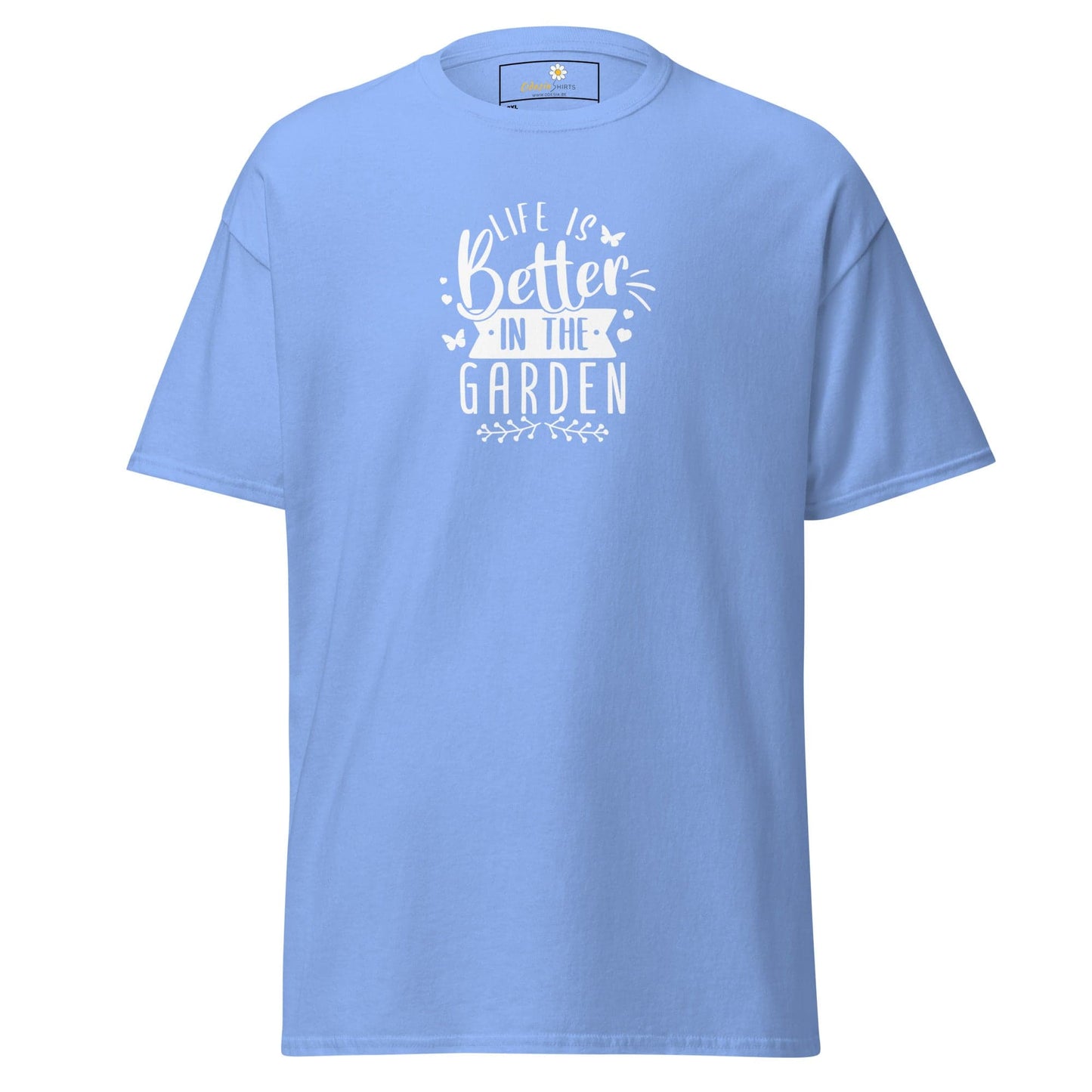 Light blue t-shirt with white text.