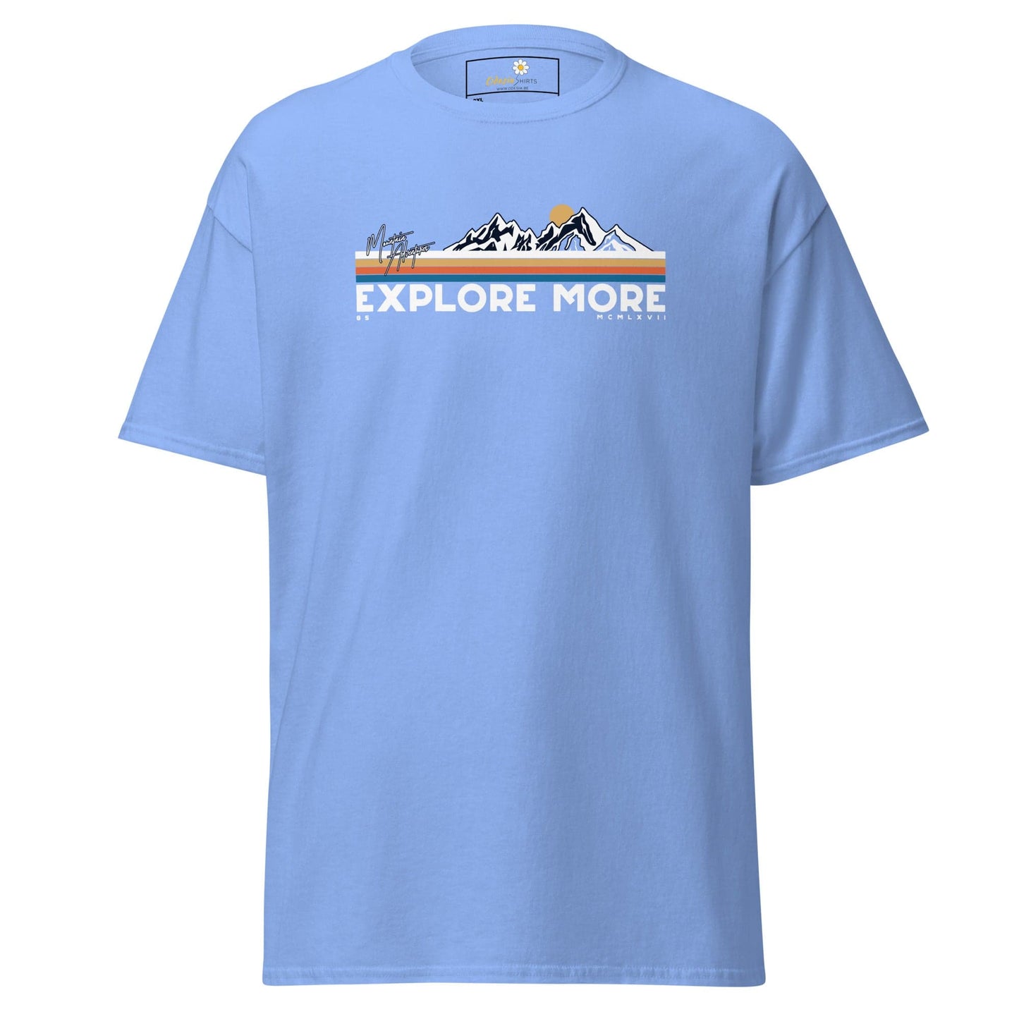 Light blue t-shirt with mountain graphic.
