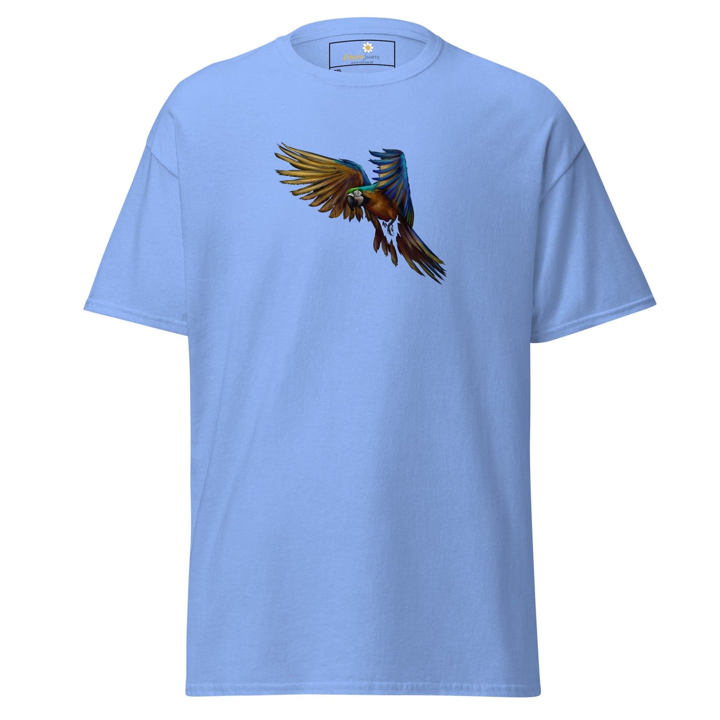 Light blue T-shirt with colorful parrot graphic for men and women in 2XL to 5XL sizes